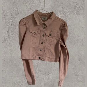 Tinsel Town Light Pink Denim Cropped Jacket with Puffed Sleeves Size Medium